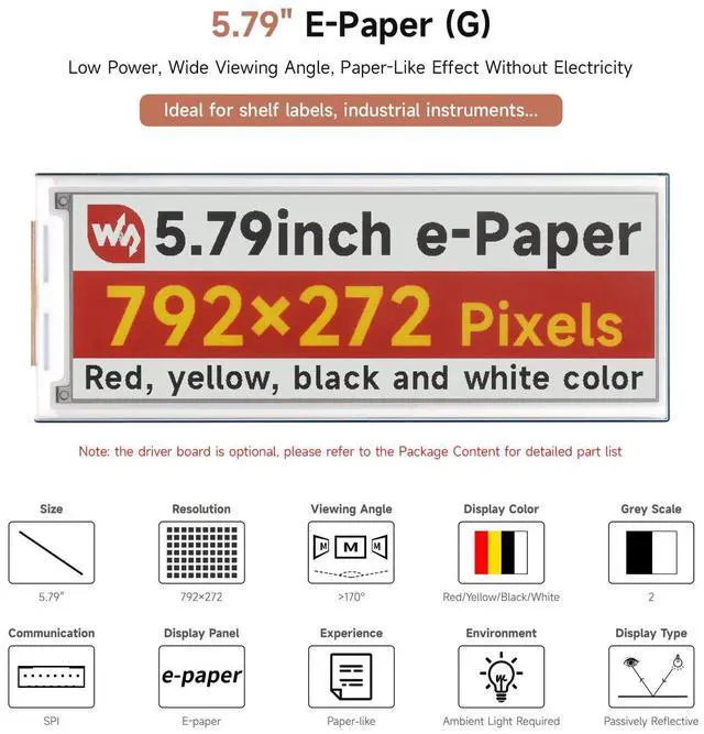 Alt view image 3 of 5 - Waveshare 5.79inch E-Paper Display Module, Compatible with Raspberry Pi 5/4B/3B/Zero/Zero W/Zero 2W/Pico/Pico W/Pico WH, 792x272, E-Ink Display, Red/Yellow/Black/White, SPI Interface