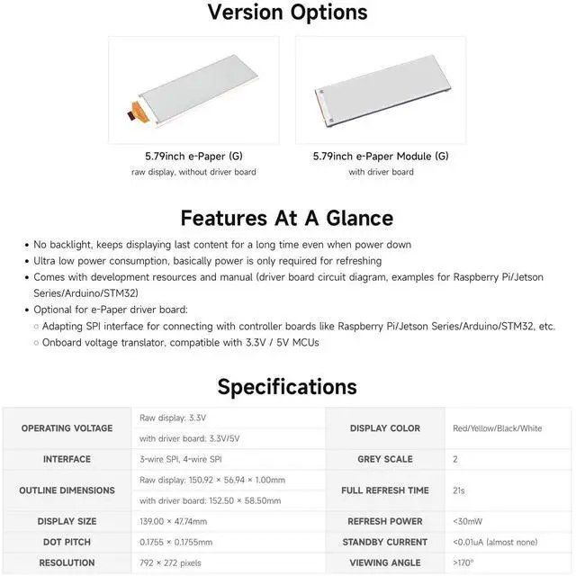 Alt view image 4 of 5 - Waveshare 5.79inch E-Paper Display Module, Compatible with Raspberry Pi 5/4B/3B/Zero/Zero W/Zero 2W/Pico/Pico W/Pico WH, 792x272, E-Ink Display, Red/Yellow/Black/White, SPI Interface