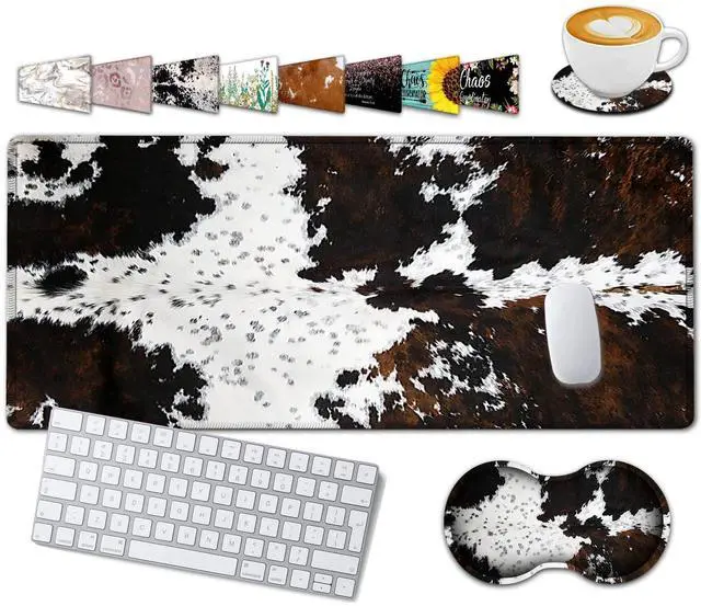 Main image of Large Gaming Mouse Pad, 31.5x11.8 in Extended Computer Mouse Mat with Non-Slip PU Base, Ergonomic Memory Foam Keyboard Wrist Rest, for Work & Gaming, Black and White Cow Fur Office Desk Pad