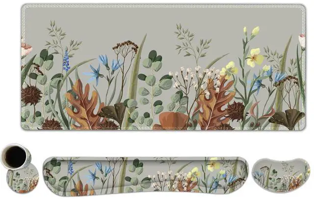 Main image of Lauspuck Keyboard Mouse Pad Set, Extended Gaming Mouse Pad +Keyboard Wrist Support +Mouse Wrist Rest +Coaster, 35.4x15.7 in XXL Large Ergonomic Desk Mat 4in1 Set for Home Office, Plant Flowers