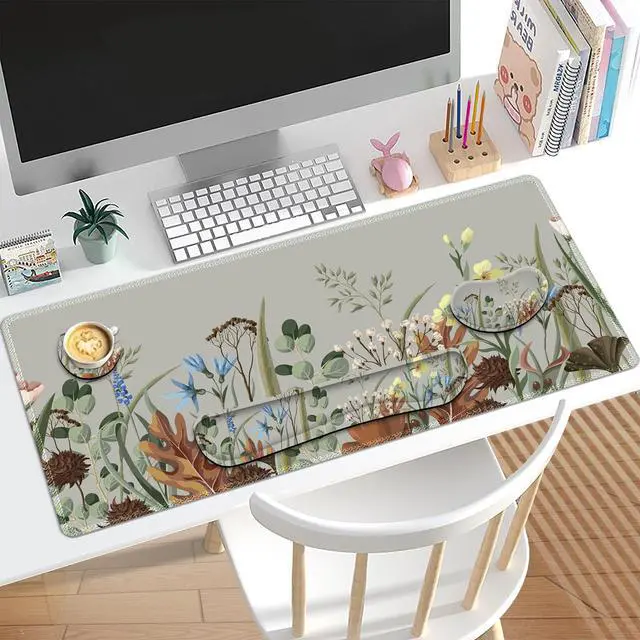 Alt view image 2 of 5 - Lauspuck Keyboard Mouse Pad Set, Extended Gaming Mouse Pad +Keyboard Wrist Support +Mouse Wrist Rest +Coaster, 35.4x15.7 in XXL Large Ergonomic Desk Mat 4in1 Set for Home Office, Plant Flowers