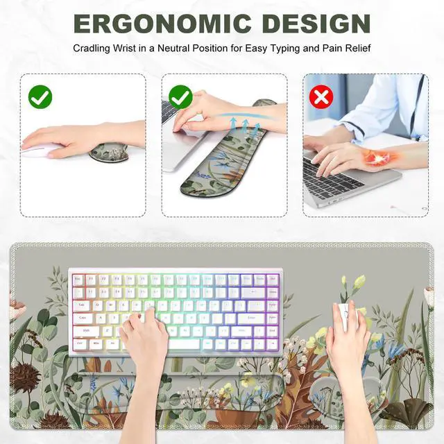 Alt view image 3 of 5 - Lauspuck Keyboard Mouse Pad Set, Extended Gaming Mouse Pad +Keyboard Wrist Support +Mouse Wrist Rest +Coaster, 35.4x15.7 in XXL Large Ergonomic Desk Mat 4in1 Set for Home Office, Plant Flowers