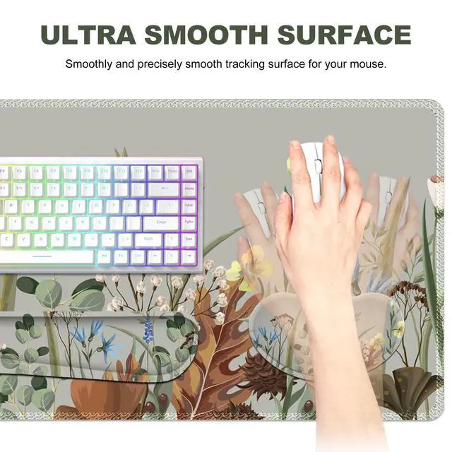 Alt view image 4 of 5 - Lauspuck Keyboard Mouse Pad Set, Extended Gaming Mouse Pad +Keyboard Wrist Support +Mouse Wrist Rest +Coaster, 35.4x15.7 in XXL Large Ergonomic Desk Mat 4in1 Set for Home Office, Plant Flowers