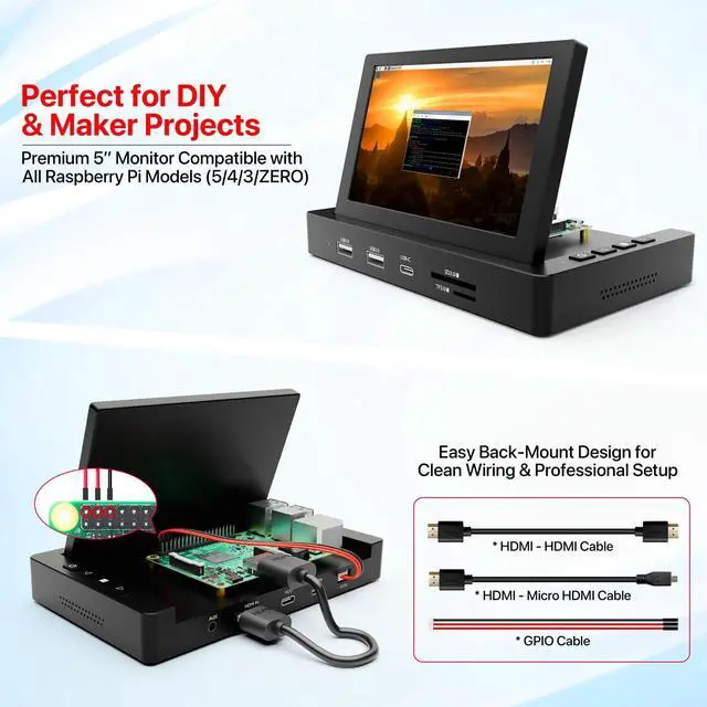 Alt view image 2 of 5 - 5'' Mini Monitor for PC Raspberry Pi 5/4/3-ROADOM Multi-Port Docking Station with Built-in USB Hub & Dual Speakers,USB-C/HDMI Connection for DIY Projects,Gaming & Programming,System Monitoring AIDA64