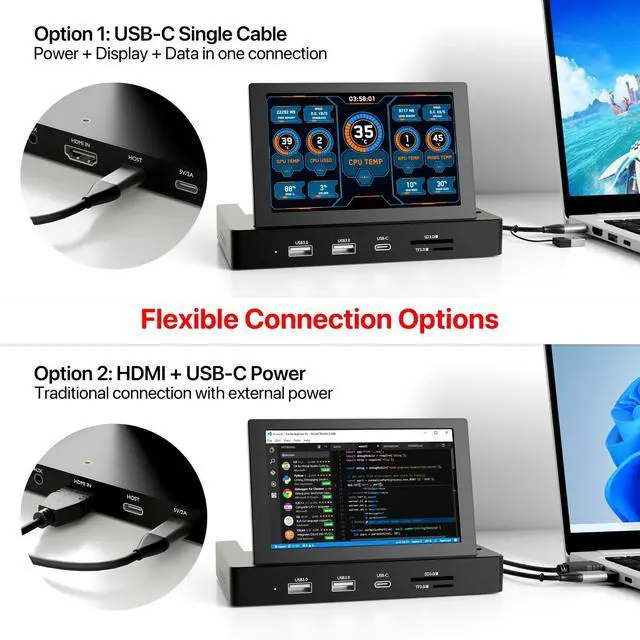 Alt view image 5 of 5 - 5'' Mini Monitor for PC Raspberry Pi 5/4/3-ROADOM Multi-Port Docking Station with Built-in USB Hub & Dual Speakers,USB-C/HDMI Connection for DIY Projects,Gaming & Programming,System Monitoring AIDA64