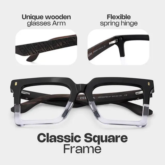 Alt view image 3 of 4 - Zeelool Vintage Square Wood Arm Blue Light Blocking Glasses for Men Computer Eyeglasses ZJGX320783-07 Black-crystal