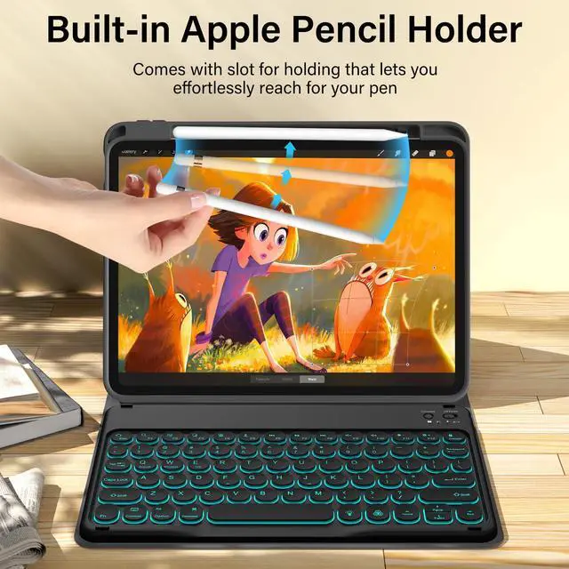 Alt view image 3 of 5 - kenke for iPad 11/10th Gen Case with Keyboard 11/10.9 inch 2025 A16/2022, Detachable Wireless Upgrade 1 Step BT Connection with Right Side Pencil Holder, Backlit Black Circular Keycaps (Black