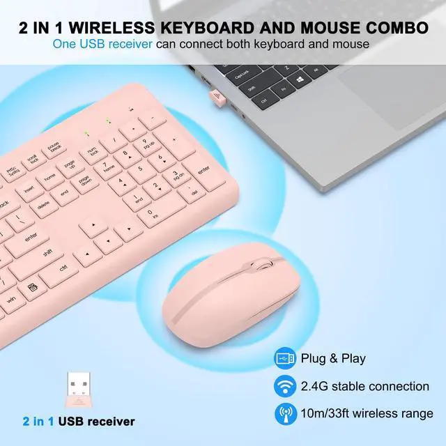 Alt view image 2 of 5 - Wireless Keyboard and Mouse Combo, Full Size Silent Ergonomic Keyboard and Mouse, Long Battery Life, Optical Mouse, 2.4G Lag-Free Cordless Mice Keyboard for Computer, Mac, Laptop, PC, Windows(Pink)