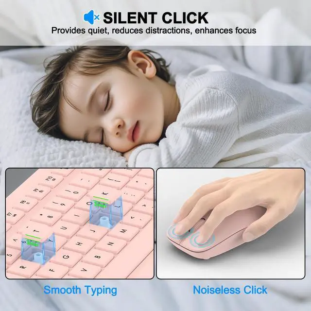 Alt view image 4 of 5 - Wireless Keyboard and Mouse Combo, Full Size Silent Ergonomic Keyboard and Mouse, Long Battery Life, Optical Mouse, 2.4G Lag-Free Cordless Mice Keyboard for Computer, Mac, Laptop, PC, Windows(Pink)