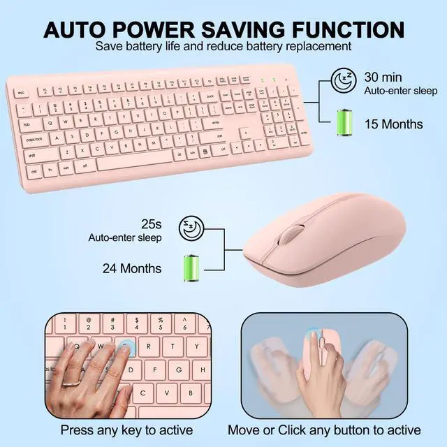 Alt view image 3 of 5 - Wireless Keyboard and Mouse Combo, Full Size Silent Ergonomic Keyboard and Mouse, Long Battery Life, Optical Mouse, 2.4G Lag-Free Cordless Mice Keyboard for Computer, Mac, Laptop, PC, Windows(Pink)