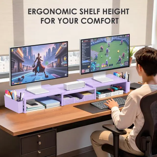 Alt view image 2 of 5 - OPNICE Purple Desk Organizers and Accessories, Dual Computer Monitor Stand Riser with Drawer and 2 Pen Holders, Office Desk Accessories, Workspace Desktop Organization for Office Supplies