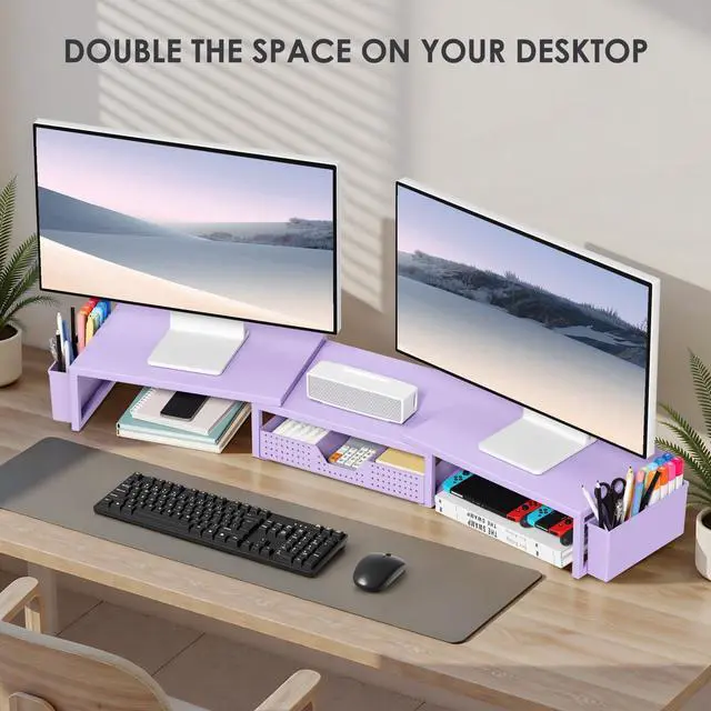 Alt view image 4 of 5 - OPNICE Purple Desk Organizers and Accessories, Dual Computer Monitor Stand Riser with Drawer and 2 Pen Holders, Office Desk Accessories, Workspace Desktop Organization for Office Supplies