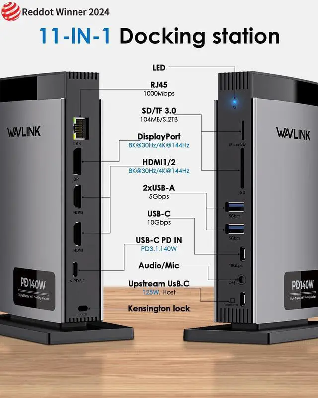 Alt view image 2 of 5 - WAVLINK Laptop Docking Station 3 Monitors(Max Resolution: Single 8K or Triple 4K), 11-in-1 USB C Docking Station with 125W PD3.1 Pass-Through & Power Adapter, 2*HDMI + DP, for MacBook M1M4 & Windows