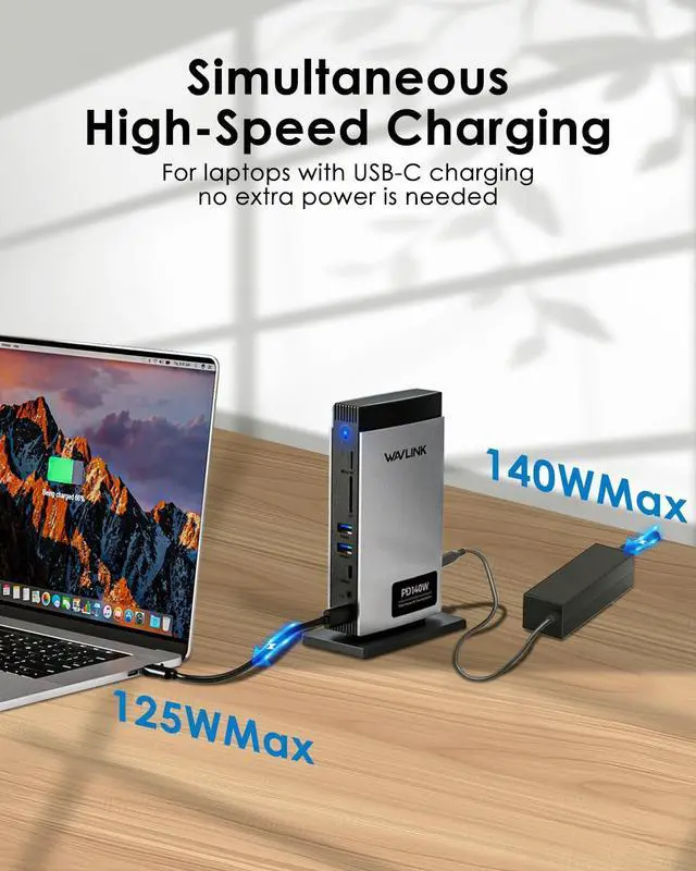 Alt view image 3 of 5 - WAVLINK Laptop Docking Station 3 Monitors(Max Resolution: Single 8K or Triple 4K), 11-in-1 USB C Docking Station with 125W PD3.1 Pass-Through & Power Adapter, 2*HDMI + DP, for MacBook M1M4 & Windows