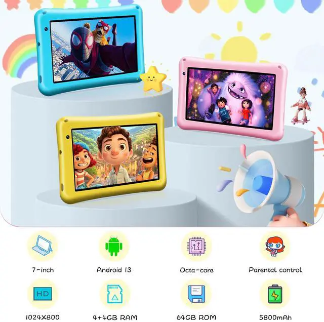 Alt view image 2 of 5 - BISAIKASOW Kids Tablet 7 inch, Android 13, 8GB RAM 64GB ROM Expandable, Octa-Core, 5800mAh Battery, Parental Control, WiFi, Dual Camera, Preloaded Educational Apps, with Drop-Proof Case (Yellow)