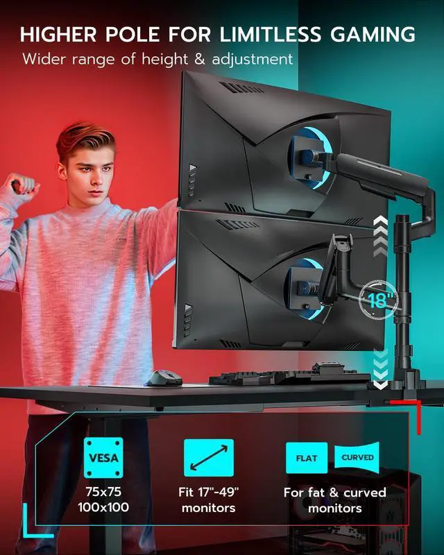 Alt view image 4 of 5 - Vertical Dual Monitor Mount for 17-49 Inch Ultrawide Heavy Duty Curved Screen Stacking, Computer Monitor Arm Desk Mount with USB, Gas Spring Adjustable Vesa Stand, Black