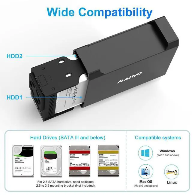 Alt view image 2 of 5 - MAIWO Dual Bay Raid Enclosure for 3.5" SATA HDD,2 Bay Hard Drive Enclosure with Cooling Fan,4 Raid Modes,USB3.0 HDD Bay for 44TB Capacity Expansion