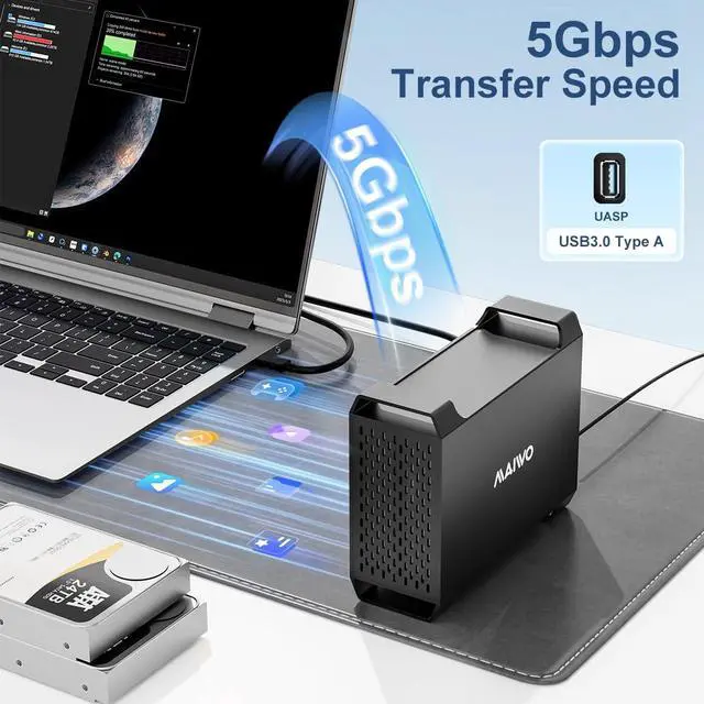 Alt view image 4 of 5 - MAIWO Dual Bay Raid Enclosure for 3.5" SATA HDD,2 Bay Hard Drive Enclosure with Cooling Fan,4 Raid Modes,USB3.0 HDD Bay for 44TB Capacity Expansion