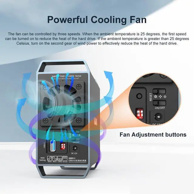 Alt view image 5 of 5 - MAIWO Dual Bay Raid Enclosure for 3.5" SATA HDD,2 Bay Hard Drive Enclosure with Cooling Fan,4 Raid Modes,USB3.0 HDD Bay for 44TB Capacity Expansion