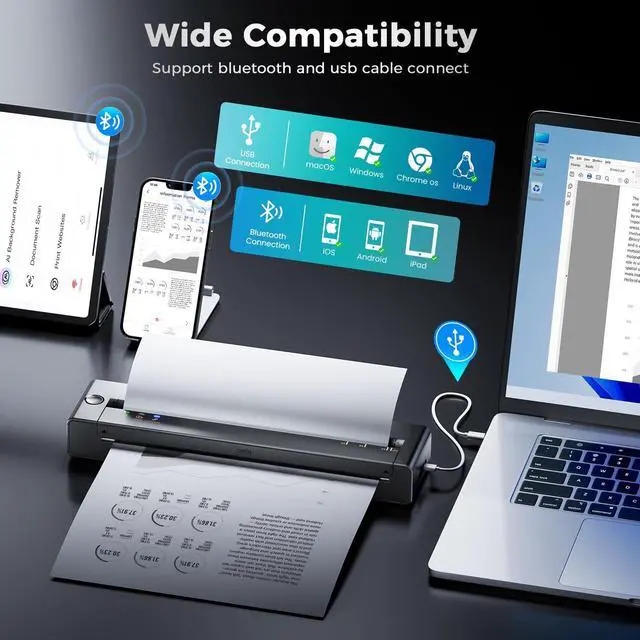 Alt view image 2 of 5 - TATTMUSE Portable Printer Wireless for Travel, 2025 Upgraded Inkless Thermal Printers Support 8.5" X 11" US Letter & A4 Size, Mobile Printer Compatible with iPhone Laptop for Home Car Office School