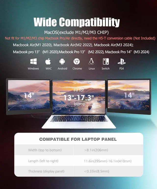 Alt view image 5 of 5 - KEFEYA Laptop Screen Extender, 14" Portable Monitor for Laptop, 1440P QHD Triple Screen Monitor Extender for 13"-17" Laptops, HDMI/USB-C for MacBook, Windows, Chrome, Switch, Plug & Play