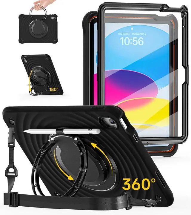Main image of BRAECN Ripple Case for iPad (A16)11th/10th Generation 11/10.9 inch 2025/2022 Zinc Alloy Handle Ring Stand Protective Heavy Duty Screen Protector 360°Rotating 180°Folding Shoulder Strap Full-Body Cover