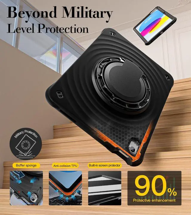 Alt view image 3 of 5 - BRAECN Ripple Case for iPad (A16)11th/10th Generation 11/10.9 inch 2025/2022 Zinc Alloy Handle Ring Stand Protective Heavy Duty Screen Protector 360°Rotating 180°Folding Shoulder Strap Full-Body Cover