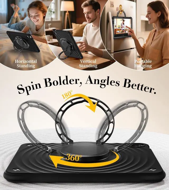 Alt view image 4 of 5 - BRAECN Ripple Case for iPad (A16)11th/10th Generation 11/10.9 inch 2025/2022 Zinc Alloy Handle Ring Stand Protective Heavy Duty Screen Protector 360°Rotating 180°Folding Shoulder Strap Full-Body Cover