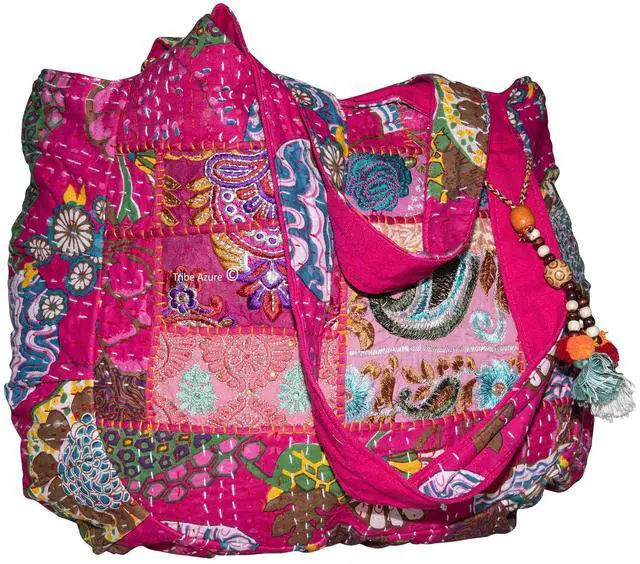 Main image of Pink Embroidered Boho Hippie Women Fashion Shoulder Bag Large Roomy Comfortable Tote Market Laptop