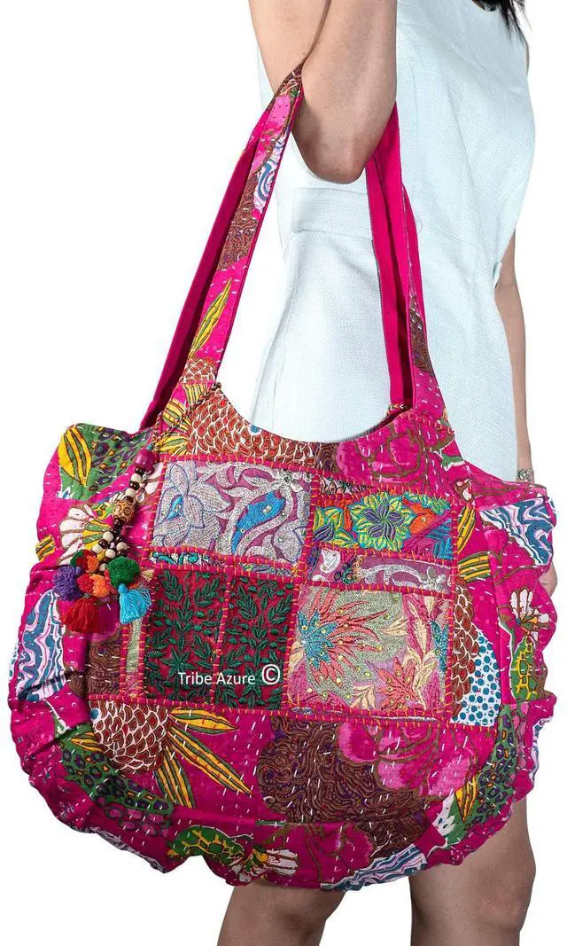 Alt view image 5 of 5 - Pink Embroidered Boho Hippie Women Fashion Shoulder Bag Large Roomy Comfortable Tote Market Laptop