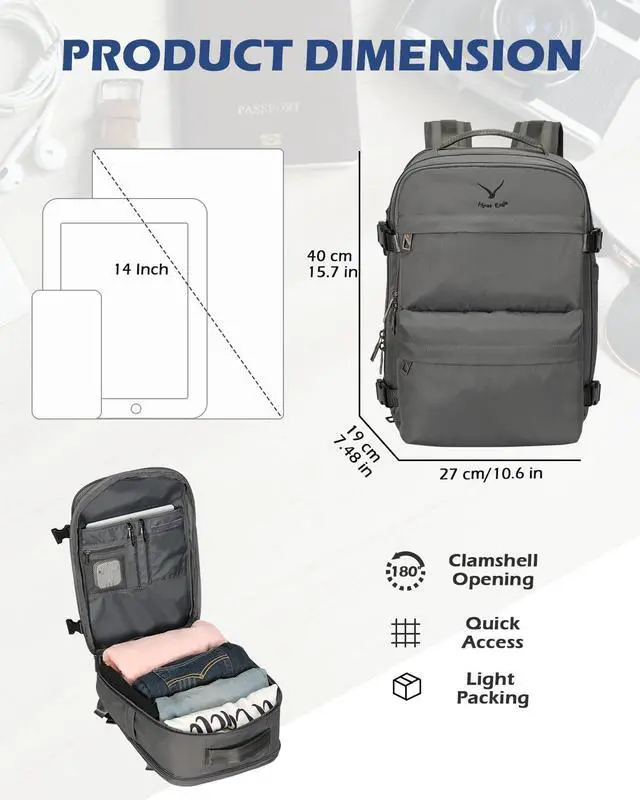 Alt view image 2 of 5 - Hynes Eagle 20L Travel Backpack Carry on Backpack Women Men Personal Item Bag for Spirit Airlines Small Nylon Laptop Backpack 14 inches Grey