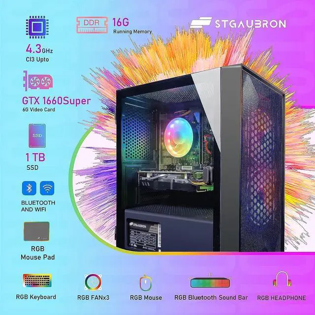 Alt view image 5 of 5 - STGAubron Gaming PC Computer, 10th Gen Intel Core i3-10100F up to 4.3G, GeForce GTX 1660S 6G, 16G DDR4, 1T SSD, WiFi, BT 5.0, RGB Fan x3, RGB BT Sound Bar & Gaming Mic, Windows 11 Home