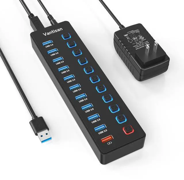 Main image of Powered USB Hub, 11-Port USB 3.0 Hub Splitter - 10 USB 3.0 Data Transfer Ports + 1 Smart Charging Port, USB Hub 3.0 Powered with Individual LED On/Off Switches and 5V/4A Power Adapter