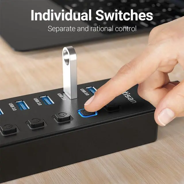 Alt view image 3 of 5 - Powered USB Hub, 11-Port USB 3.0 Hub Splitter - 10 USB 3.0 Data Transfer Ports + 1 Smart Charging Port, USB Hub 3.0 Powered with Individual LED On/Off Switches and 5V/4A Power Adapter