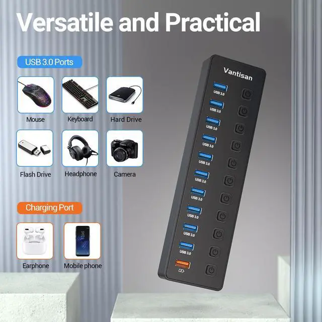 Alt view image 4 of 5 - Powered USB Hub, 11-Port USB 3.0 Hub Splitter - 10 USB 3.0 Data Transfer Ports + 1 Smart Charging Port, USB Hub 3.0 Powered with Individual LED On/Off Switches and 5V/4A Power Adapter