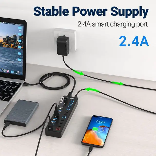 Alt view image 5 of 5 - Powered USB Hub, 11-Port USB 3.0 Hub Splitter - 10 USB 3.0 Data Transfer Ports + 1 Smart Charging Port, USB Hub 3.0 Powered with Individual LED On/Off Switches and 5V/4A Power Adapter