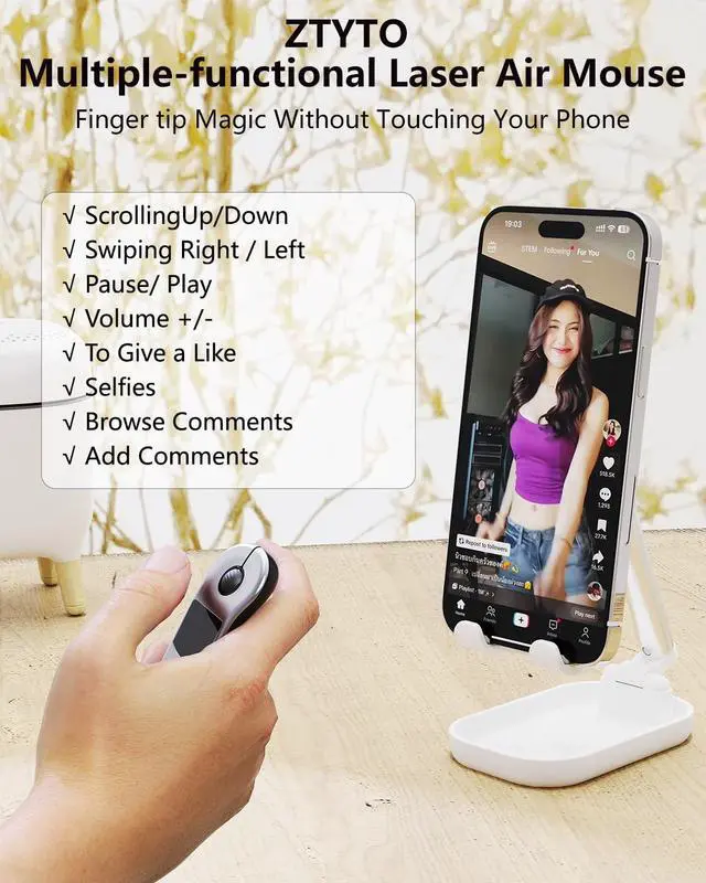 Alt view image 2 of 5 - ZTYTO Air Mouse Rechargeable Wireless Presenter with Touchpad for PC/Laptop/iOS/Android, Bluetooth Remote Control for PowerPoint/Keynote/TikTok/Camera/Kindle App (Silver)