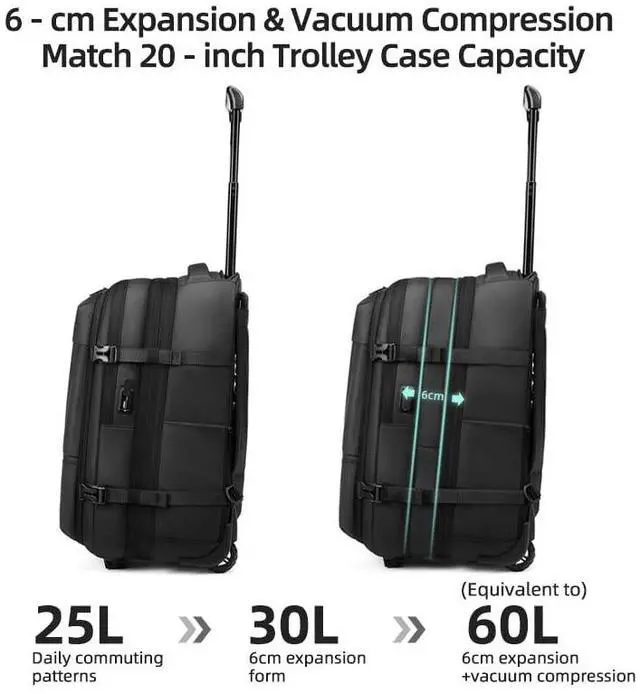 Alt view image 4 of 5 - Fiordcase Vacuum Rolling Backpack with Vacuum System, Pump and Charging Port, Carry On Luggage with Vacuum Seal Bag, Wheels, TSA Lock, Travel Suitcase with Vacuum Compression Bag for 17" Laptop