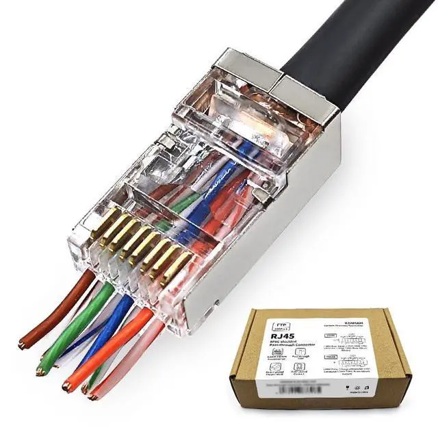 Main image of XANHAM 100 Pack Cat 6 Pass Through Shielded RJ45 Connector Modular Crimp Network Plug for 23AWG Cat6, Cat5, Cat5e SFTP and FTP Solid or Stranded Ethernet Cable