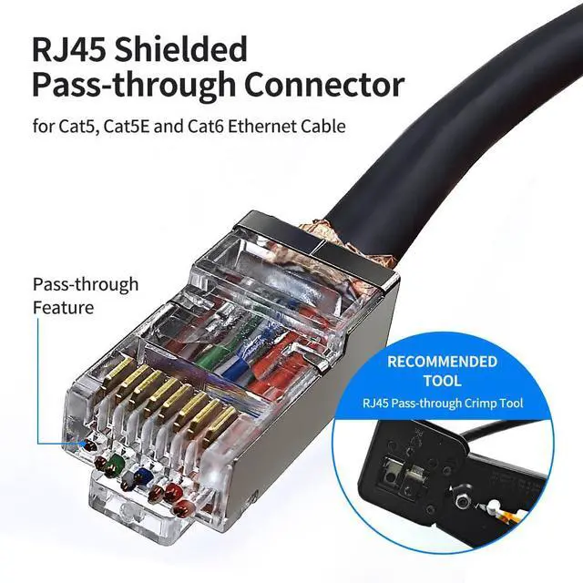 Alt view image 2 of 5 - XANHAM 100 Pack Cat 6 Pass Through Shielded RJ45 Connector Modular Crimp Network Plug for 23AWG Cat6, Cat5, Cat5e SFTP and FTP Solid or Stranded Ethernet Cable