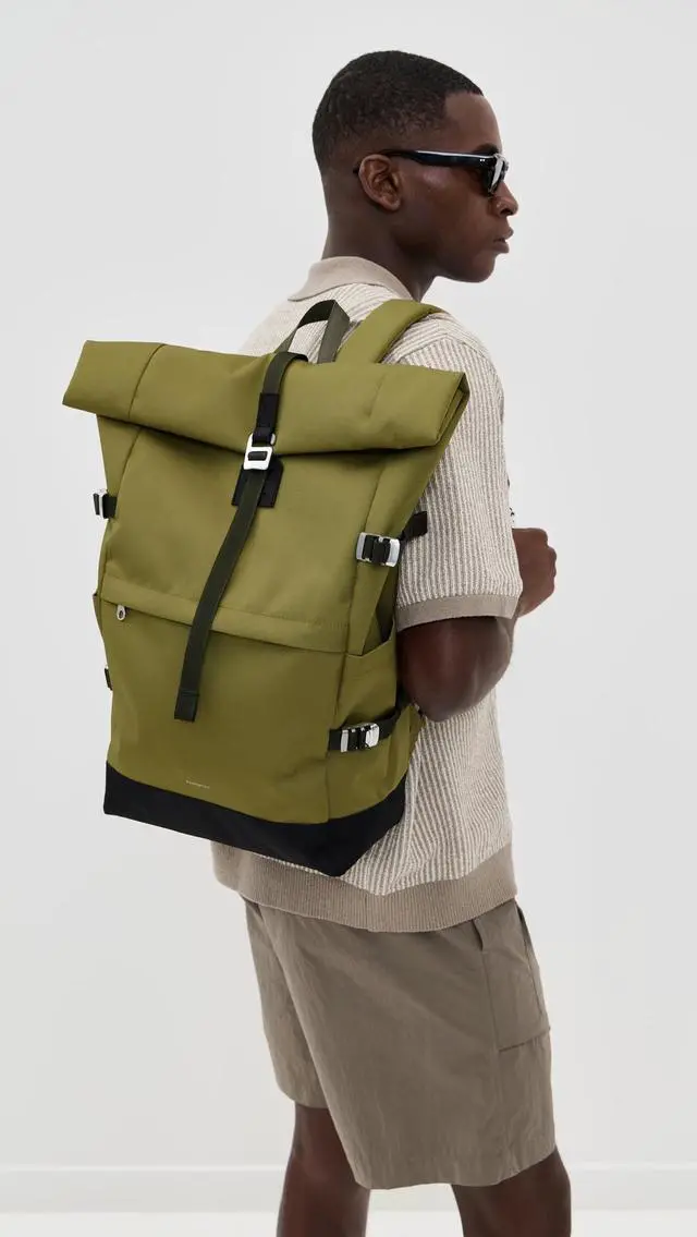 Alt view image 3 of 5 - Sandqvist Men's Icon Large Rolltop Backpack, Olive Drab With Black Leather, One Size