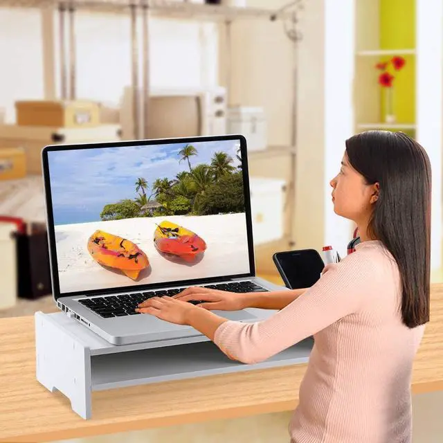 Alt view image 4 of 5 - Wooden Monitor Stand, LCD Computer Monitor Riser Desktop Storage Organizer Display Bracket for Home Office Use, 18.94x7.87x3.94 Inch
