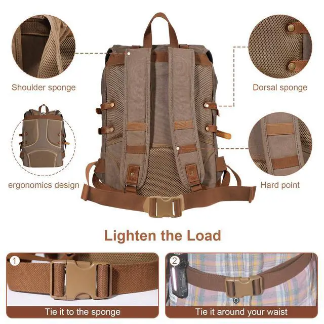 Alt view image 4 of 5 - Chinsyi Waxed Canvas Leather Hiking Travel Waterproof Backpack for College Weekend Travel Fit 15in laptops (Army Green)