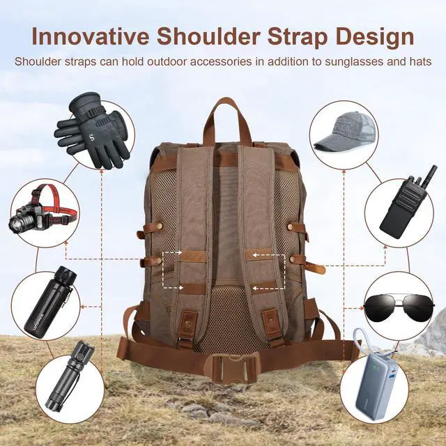 Alt view image 5 of 5 - Chinsyi Waxed Canvas Leather Hiking Travel Waterproof Backpack for College Weekend Travel Fit 15in laptops (Army Green)