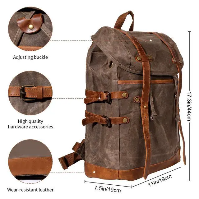 Alt view image 2 of 5 - Chinsyi Waxed Canvas Leather Hiking Travel Waterproof Backpack for College Weekend Travel Fit 15in laptops (Army Green)
