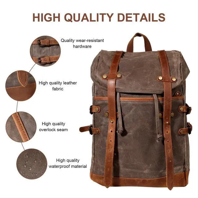 Alt view image 3 of 5 - Chinsyi Waxed Canvas Leather Hiking Travel Waterproof Backpack for College Weekend Travel Fit 15in laptops (Army Green)