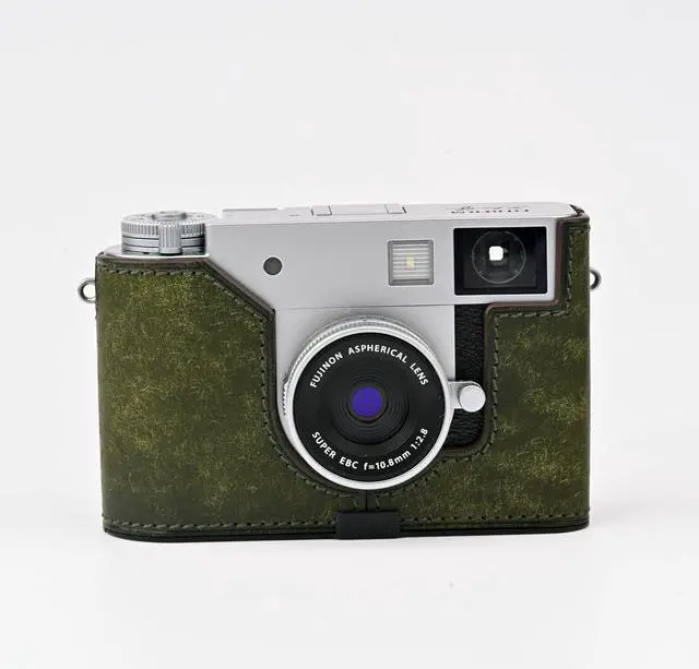 Alt view image 2 of 5 - Handmade Genuine Leather Camera Half Case for FUJIFILM X-Half/FUJIFILM X-Half Camera Case - Top Layer Cowhide Body + Metal Base Plate (Matte Green)