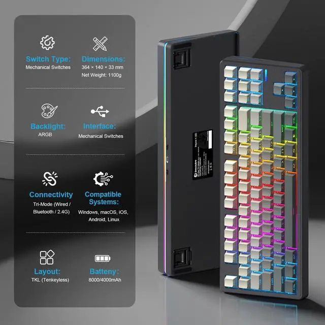 Alt view image 2 of 5 - SMACKAPE Impact 80 RGB Gaming Keyboard,Tri-Mode Wireless TKL Mechanical Keyboard,Hot-Swap Socket, Programmable Keybaord for PC Gamer (Black/Impact 80 Ultra/RGB/FR4/8000mAh/Frost Blue Switch)