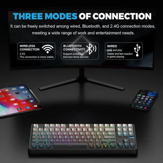 Alt view image 3 of 5 - SMACKAPE Impact 80 RGB Gaming Keyboard,Tri-Mode Wireless TKL Mechanical Keyboard,Hot-Swap Socket, Programmable Keybaord for PC Gamer (Black/Impact 80 Ultra/RGB/FR4/8000mAh/Frost Blue Switch)