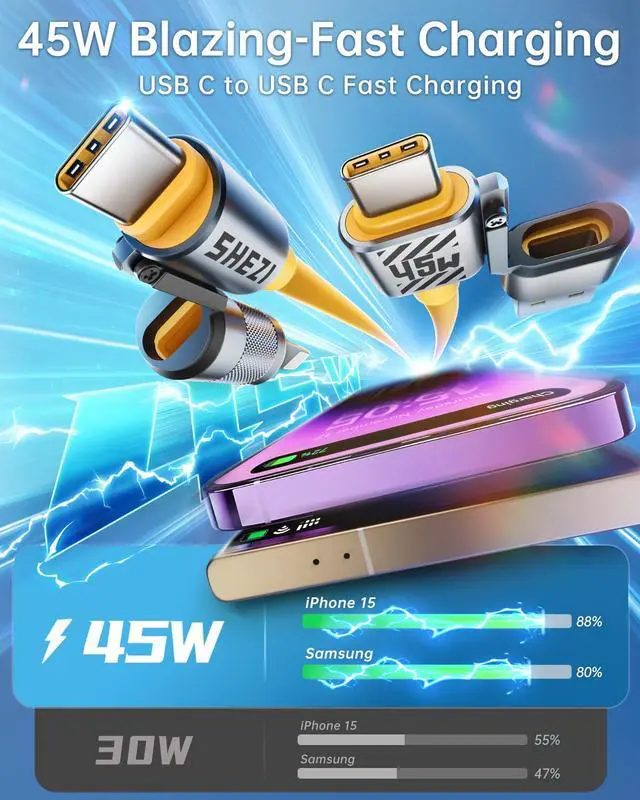Alt view image 3 of 5 - Vexipia 4 in 1 USB C Cable 45W 5FT Fast Charging & Data Transfer, Thicker Silicone Multi Charger Cord for iPhone iPad Charger Wire Combo with L/Type C/USB A for iPhone 16/15/Macbook (Yellow)
